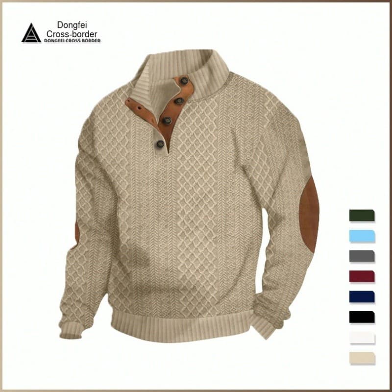 Suéter masculino de gola alta e mangas compridas em malha, ideal para uso casual ao ar livre.