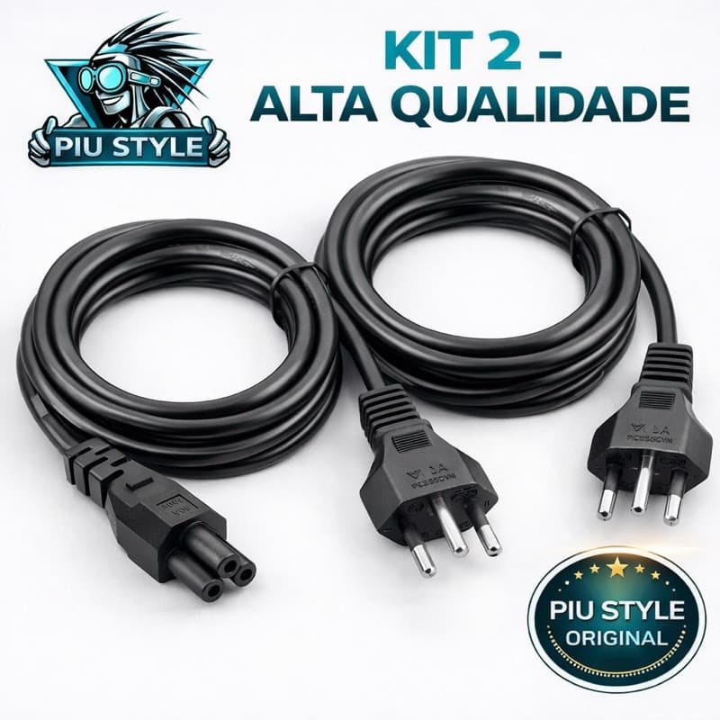 Kit 2 Cabos de Força Tripolar 10A | PC, CPU, Monitor e TV | Alta Qualidade | PIU STYLE