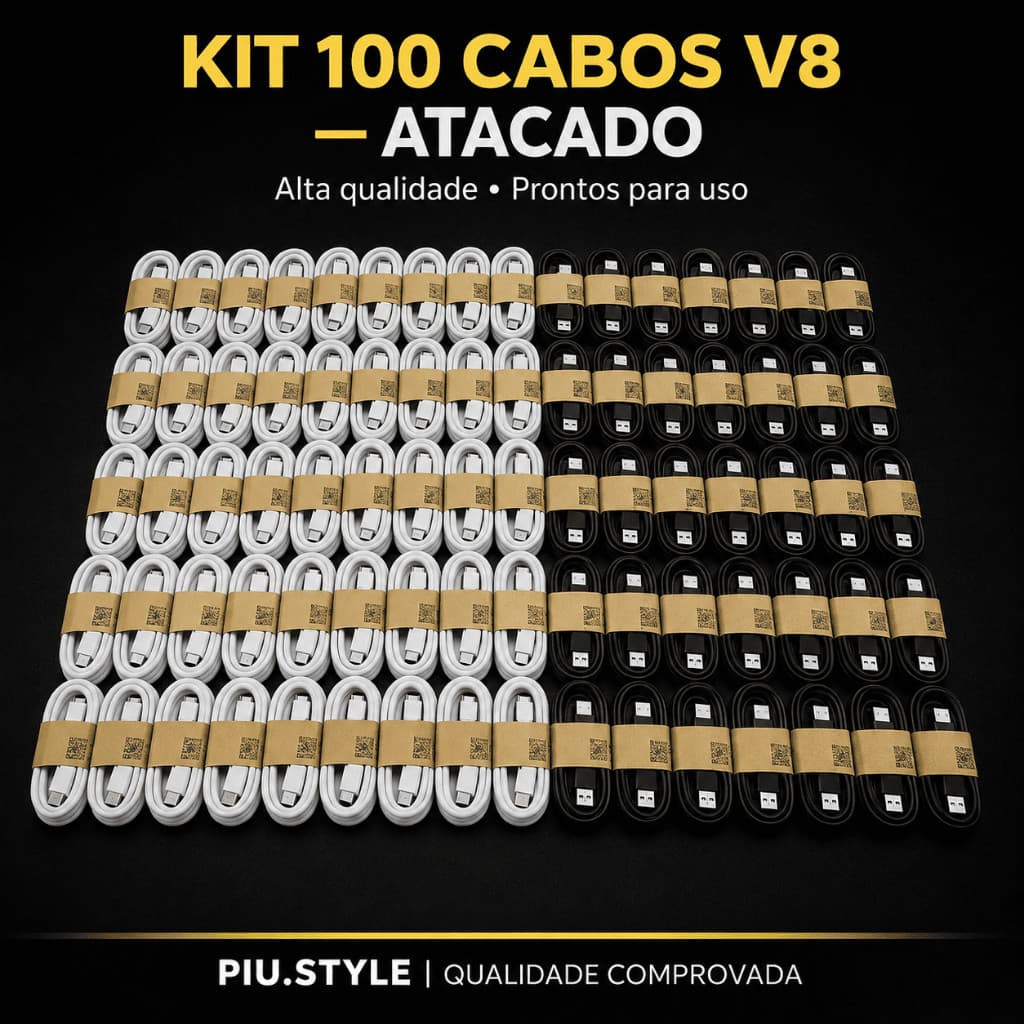 Kit 100 Cabo V8 Micro USB Universal para Celular | Carregar + Sincronizar Dados | Compatível Android
