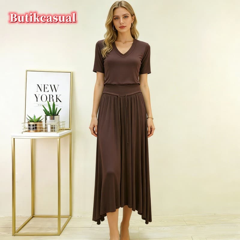 Feminino Modal Conjunto De Duas Peças Verão Decote Em V 5 Manga Superior Cordão Cintura Alta Maxi Saia Moda Ao Ar Livre
