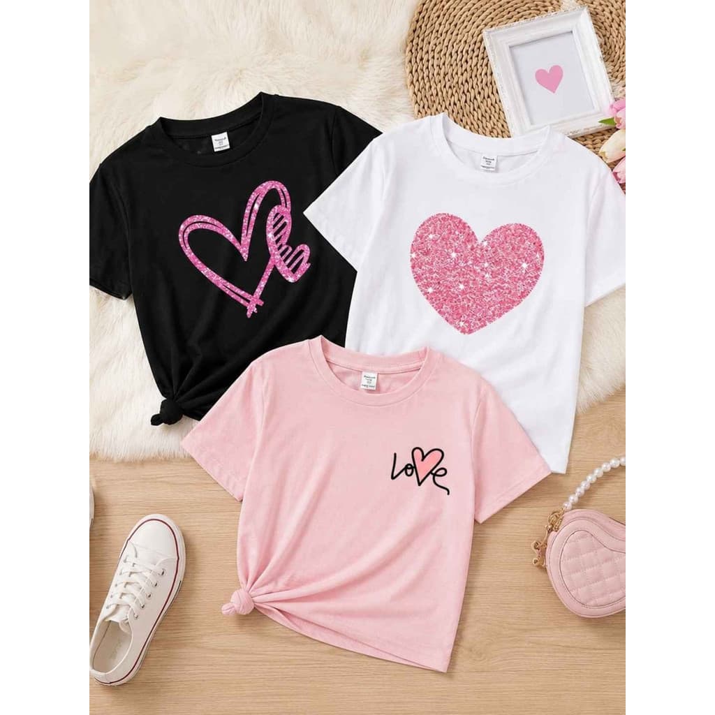 Kit 3 Tshirt Feminina Infantil Camiseta Básica Dia a Dia Coração Minimalista Blusa