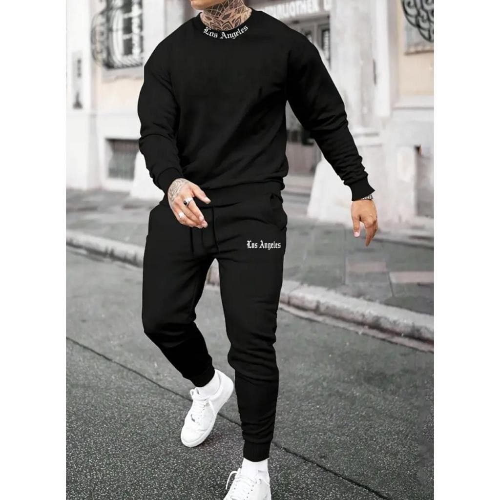 Conjunto Blusa de Frio Preto Gola Careca e Calça de Moletom Modelo Los Angeles Moda Casual Lançamento Street