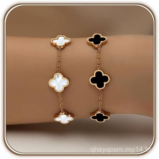 Conjunto de Pulseiras Trevo Banhadas a Ouro 18K para Mulheres, Branco/Preto/Dourado/Prata/Verde/Rosa, Pulseiras Ajustáve