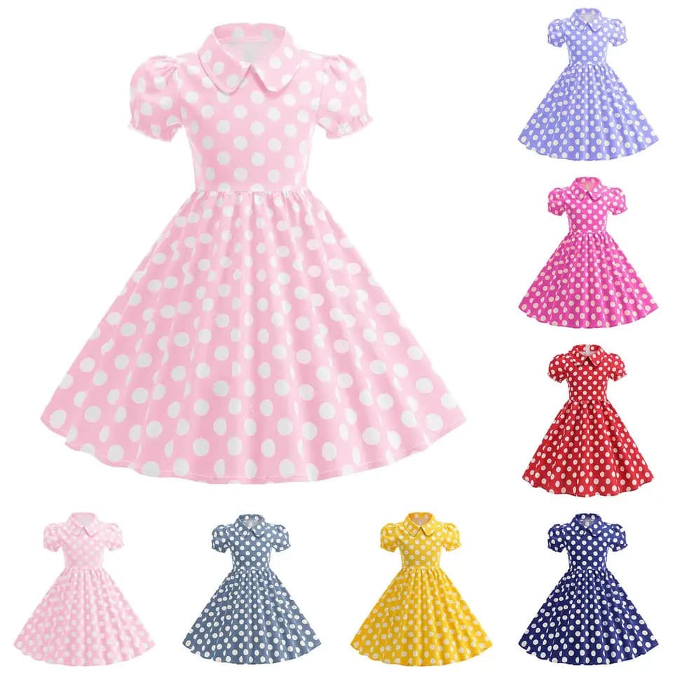 Menina Vintage Verão Vestido Curto Turn Down Colarinho Polka Dot Print Algodão Princesa Cocktail Vestidos 1950s 60s
