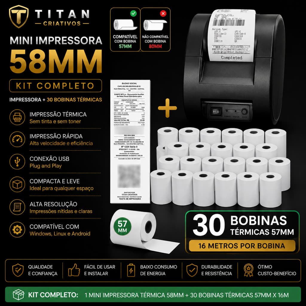 Mini Impressora Bluetooth Termica 58mm + 30 Bobinas Lisa