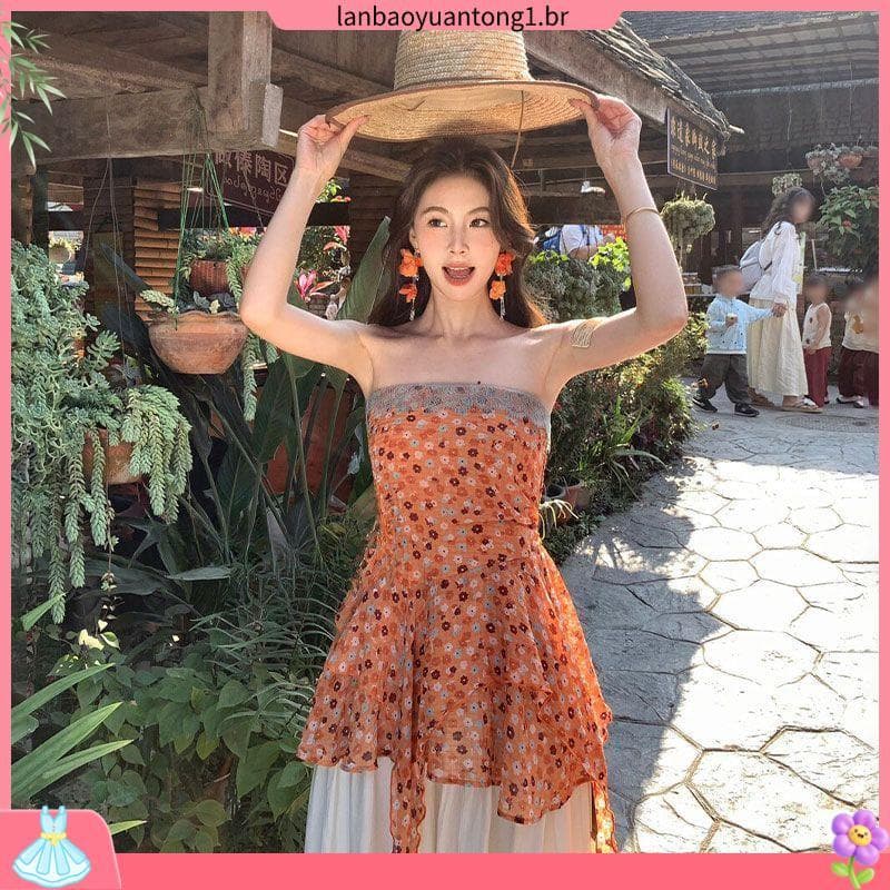 Caleidoscópio primavera verão tubo vestido superior viagem férias estilo romântico Floral peça Irregular beira-mar praia