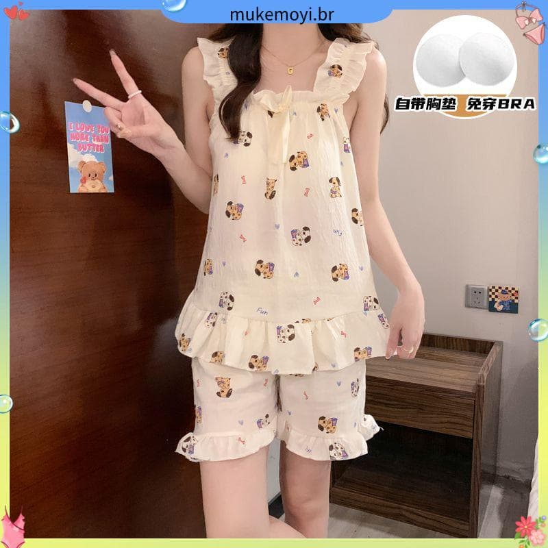 Nuvem pijamas de algodão feminino verão estilo fino Suspender Shorts com almofada no peito pequeno fresco bonito doce Ho