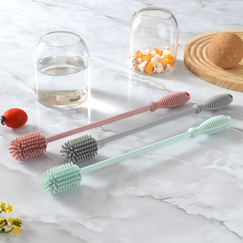 Escova de silicone com cabo longo para limpeza de bicos de mamadeira, escova de silicone para garrafas e copos térmicos,