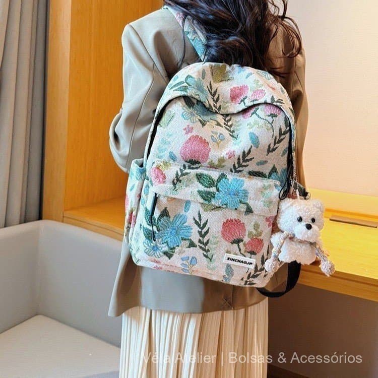 Mochila Escolar Unissex em Poliéster com Estampas Variadas 25x36x11 cm para Escola Viagem e Dia a Dia
