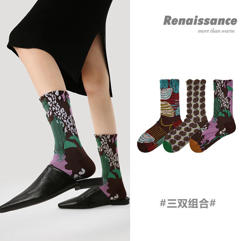 Renaissance 3 pares meias originais meias de pilha fina ins meias femininas em relevo novo estilo chinês