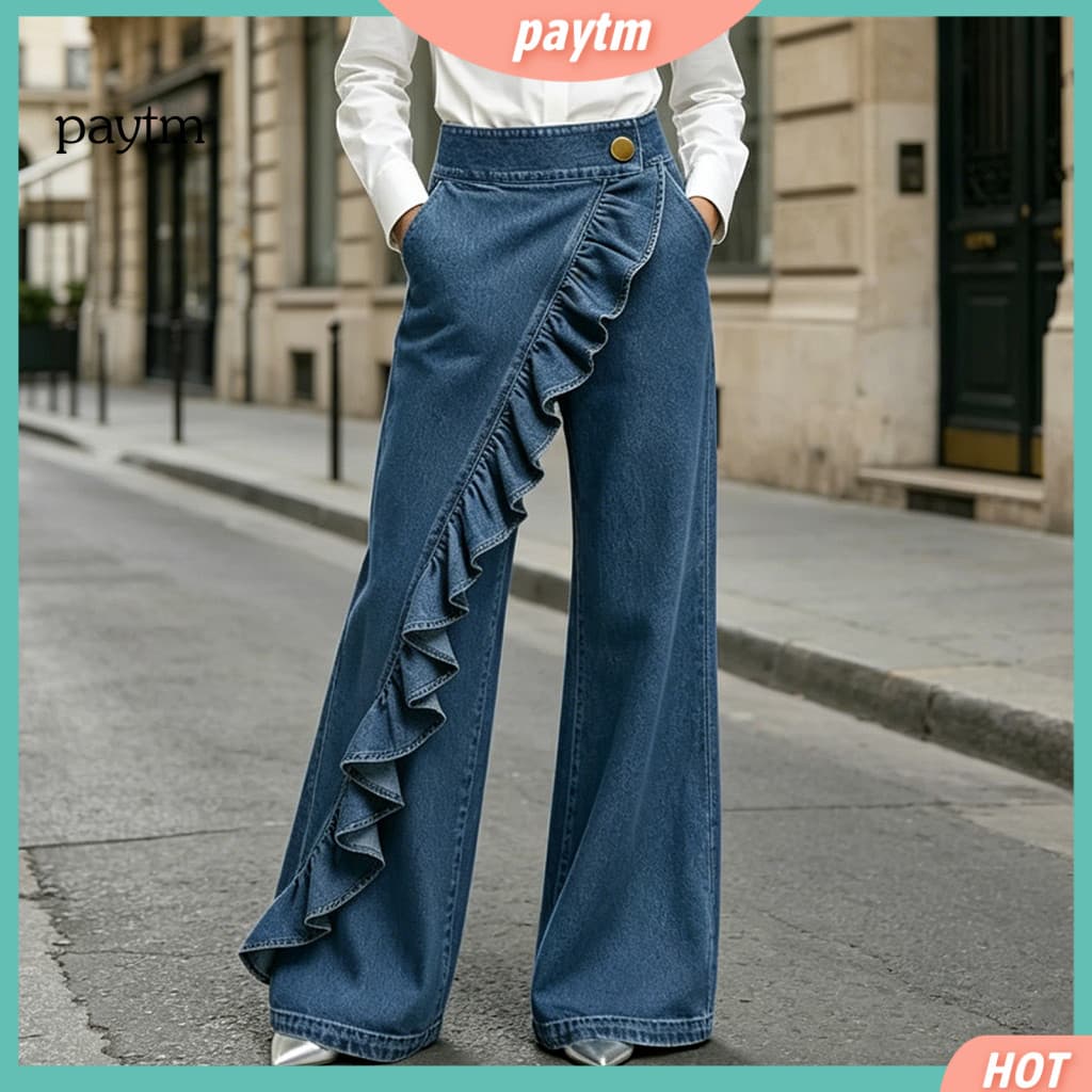 Calças Jeans Femininas Confortáveis Femininos De Perna Larga De Cintura Elástica Macias E Soltos Para Uso Festa De Rua –