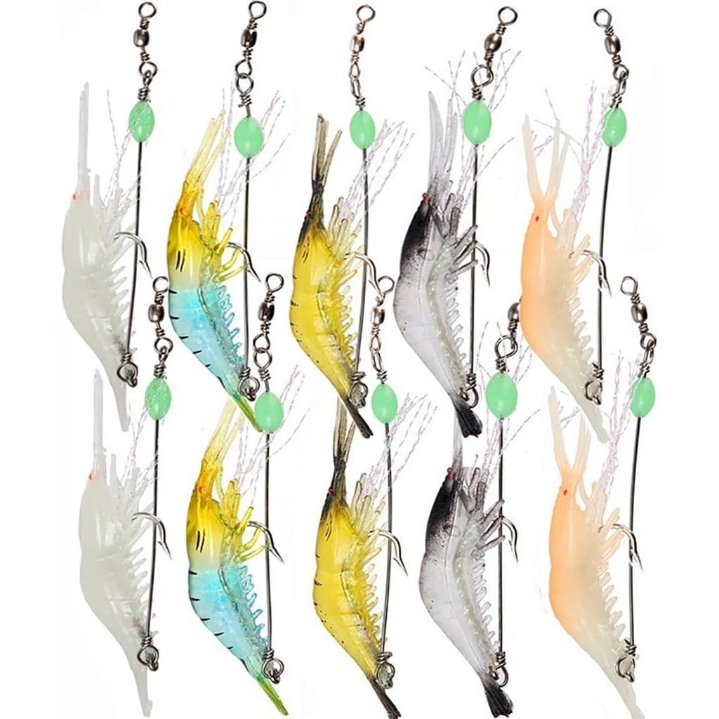 Kmucutie Conjunto de 10 Iscas de Camarão para Pesca, Iscas de Camarão Macias Premium com Anzóis Luminosos e Afiados, par