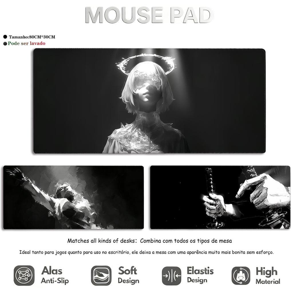 Mouse Pad Anime Preto e Branco Tapete de Mesa Grande Antiderrapante Design Antiderrapante para Teclado 80×30cm