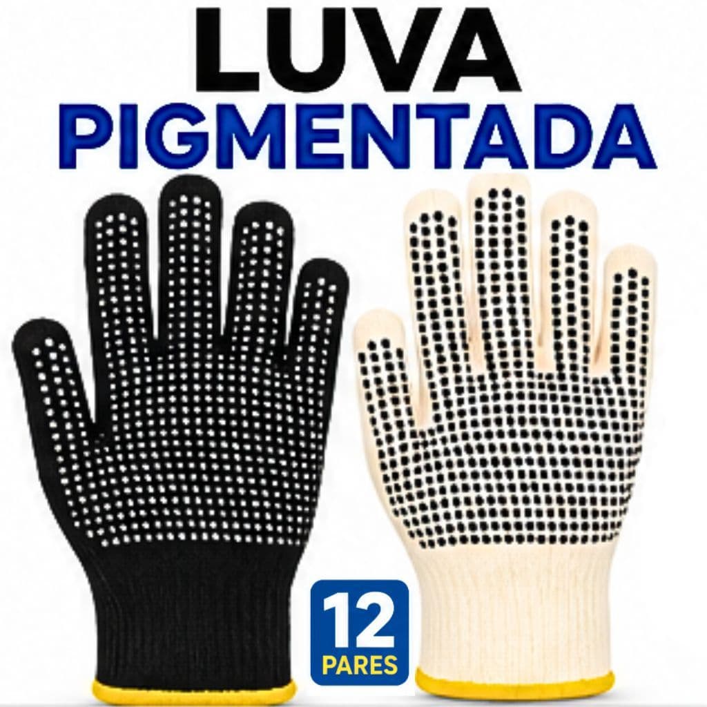 KIT 12 Pares Luva Segurança Algodão Pigmentada PVC Antiderrapante EPI Obra Jardinagem