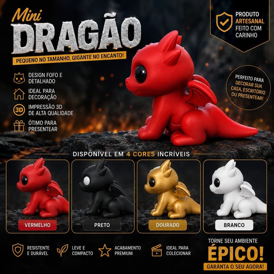 Mini Dragão Decorativo 5 cm Impresso em 3D | Unidade ou Kit com 3 | Presente Geek Colecionável