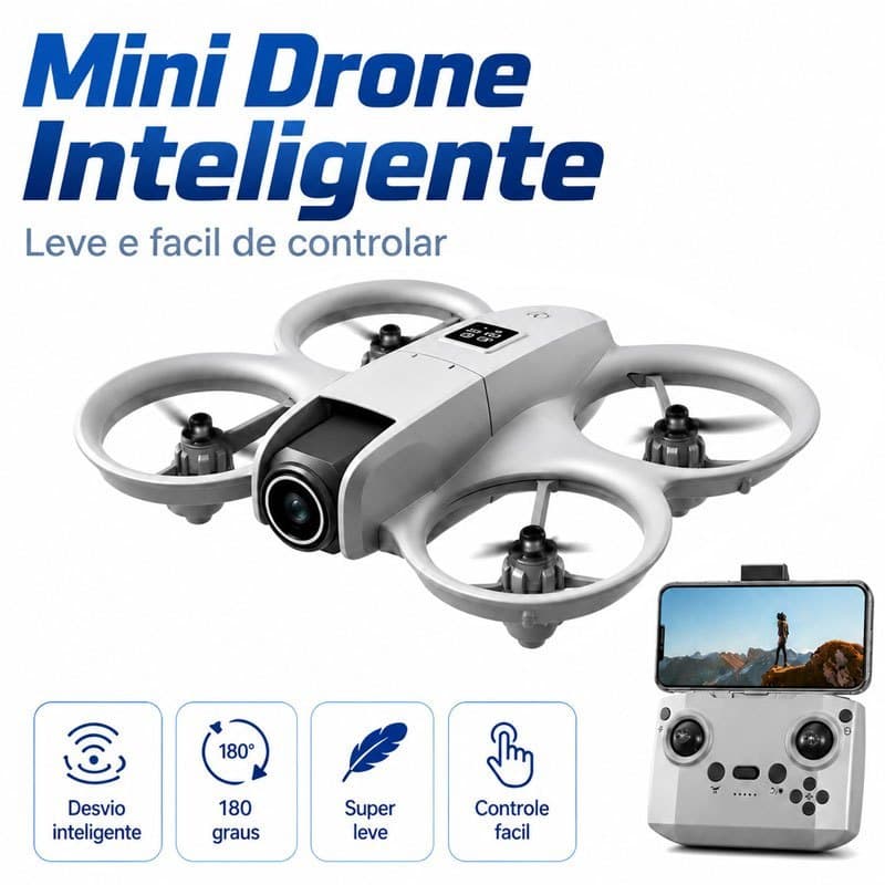 Drone Mini WiFi com Câmera Dupla HD 180° Desvio de Obstáculos 2 Baterias 4 Hélices Extras