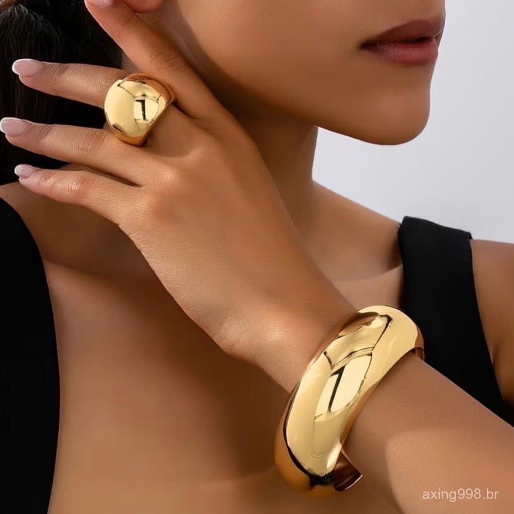 Conjunto bracelete e anel liso geométrico moderno festa banhado Ouro 18K e Prata925