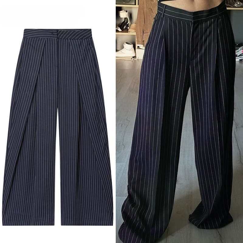 Calças Plissadas Listradas Femininas Outono 2026 Senhoras Baggy Perna Larga De Cintura Alta Casual Oversize