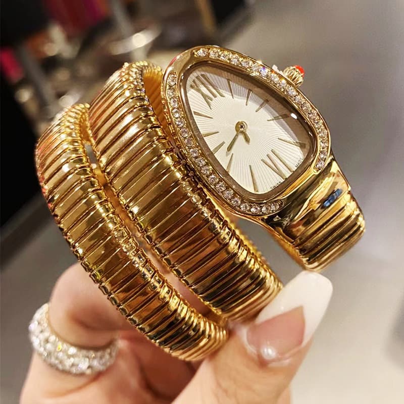 Moda criativa em forma de cobra dois anéis banda de aço relógio senhoras personalidade cheio diamante inglês relógio