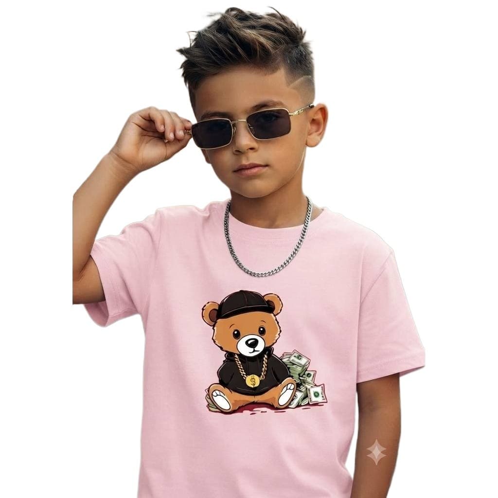 Camiseta Kids Urso Menino Estampada Tendência Tecido Leve 100% Algodão Confortável Estilo