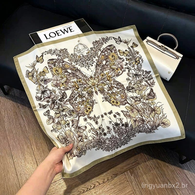 [Venda Quente] Novo lenço decorativo estilo coreano para primavera e verão, com borboletas e flores, feito de seda sinté