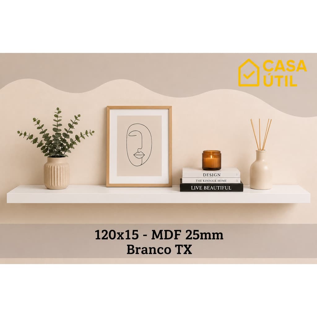 Prateleira Flutuante 120x15 cm MDF 25mm Branca com Suporte Invisível Sala, Cozinha e Quarto