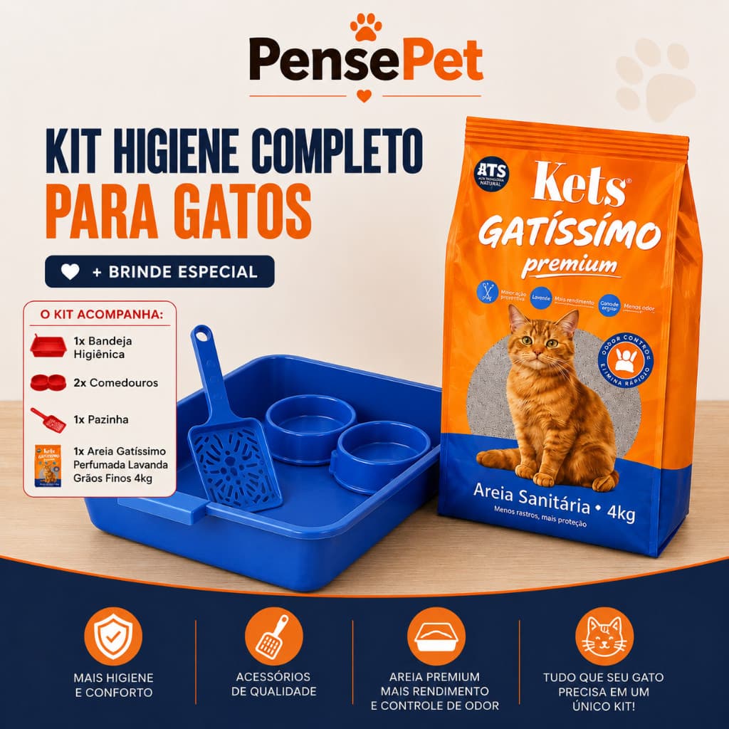 Kit Caixa de Areia para Gatos Completo Bandeja Higiênica Pá 2 Comedouros Areia Gatíssimo Premium 4kg + Brinde