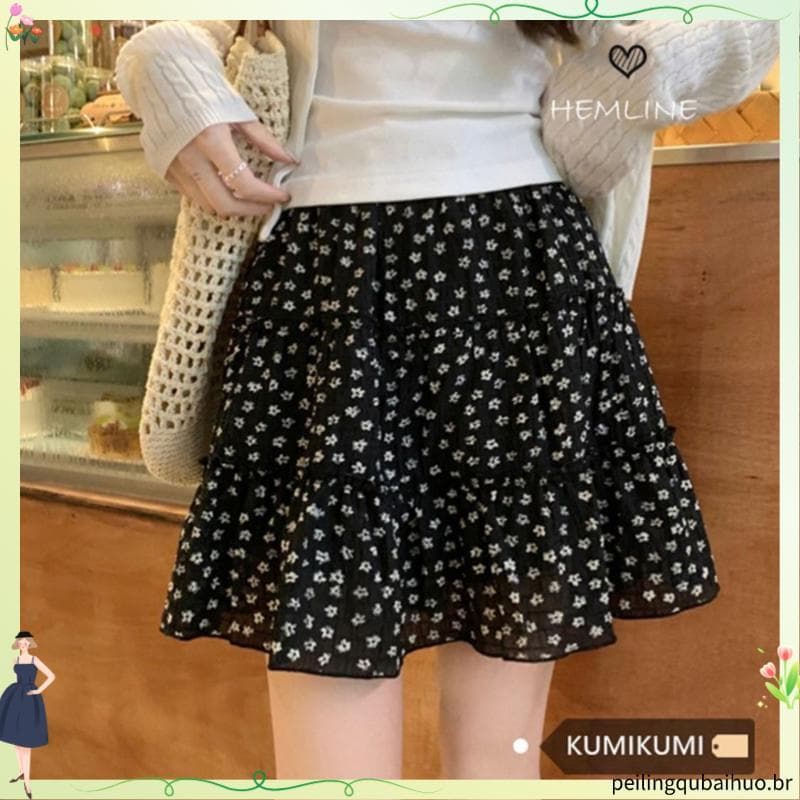 Saia Floral preta feminina verão 2025 novo estilo cintura alta mais magro olhar bolo saia meia saia pequena saia linha a