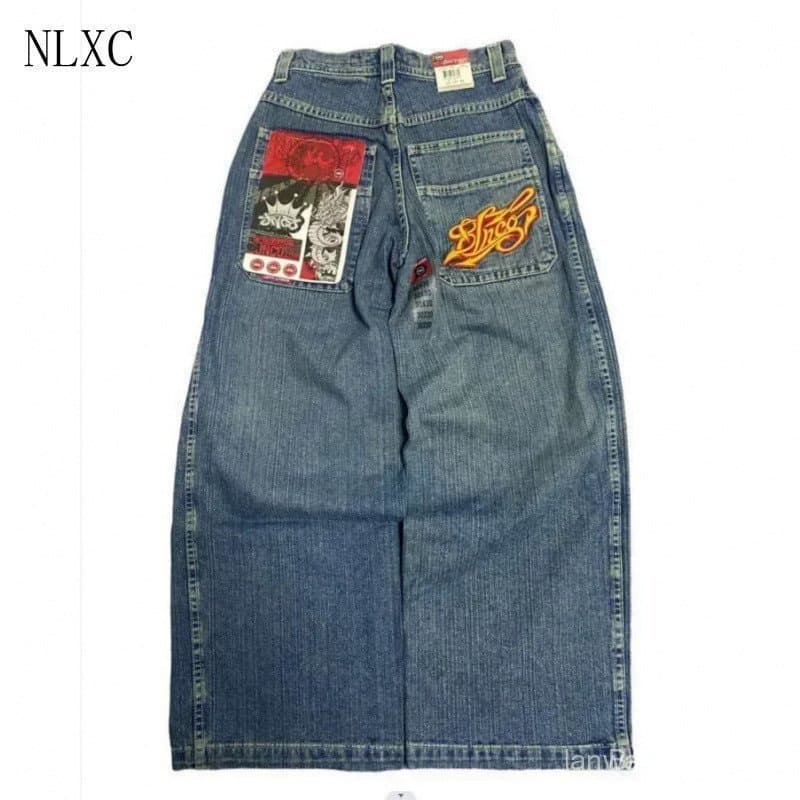 Calças Jeans Baggy Vintage para Homens e Mulheres, Calças Hip Hop, Letras Bordadas, Cintura Alta, Calças de Perna Larga