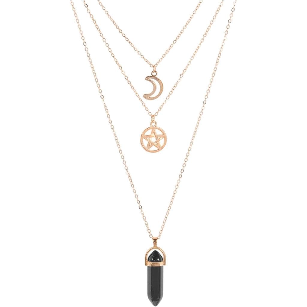 Colar Gótico de Camadas com Pingente de Cristal Preto Sol e Lua, Joia de Bruxa para Mulheres, Corrente de Pescoço de Com