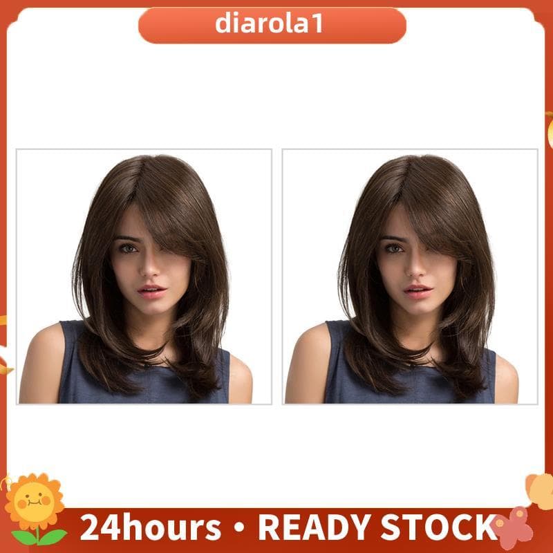 2X Perucas De Cabelo Femininas Senhoras Festa Diária Onda Natural Marrom Escuro Divisão Lateral Sintética Nenhuma Renda