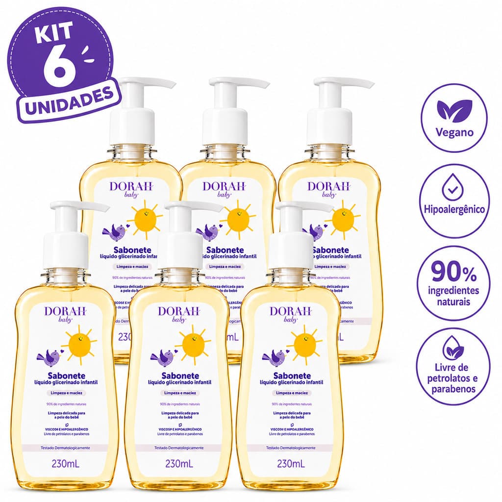 6x Dorah Baby Sabonete Líquido para Bebê 230ml Glicerinado Vegano Hipoalergênico com Válvula Pump