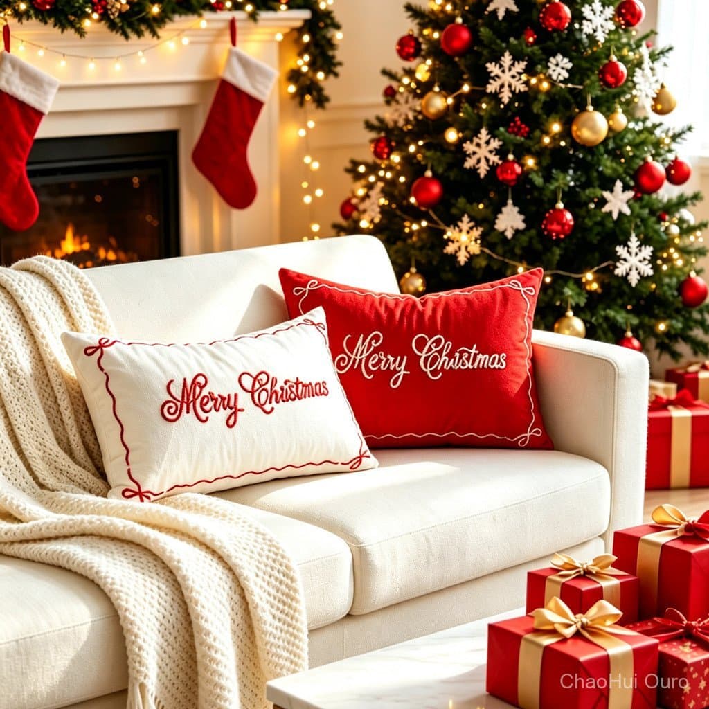Capa de Almofada Bordada de Natal, Capa de Almofada Decorativa com Laço de Natal para Sala de Estar