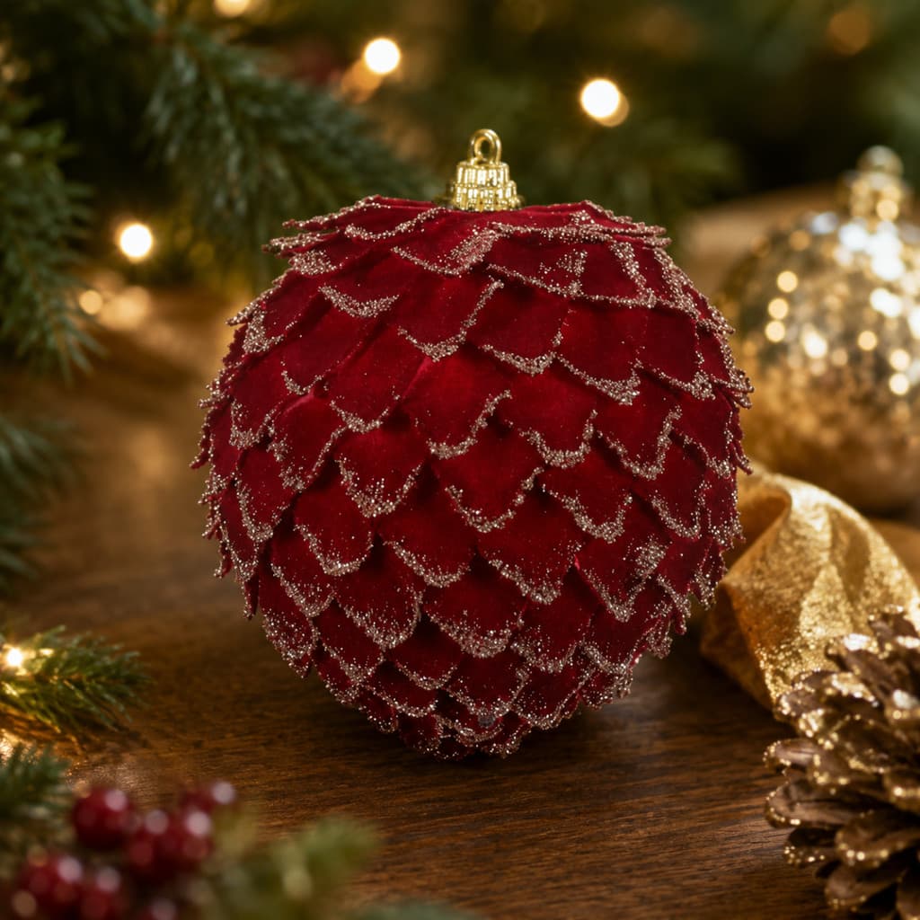 Bola Natal Pinha Vermelha Glitter Dourado 10cm Brilhante Enfeite Árvore Decoração Natalina Luxo Premium Pendente
