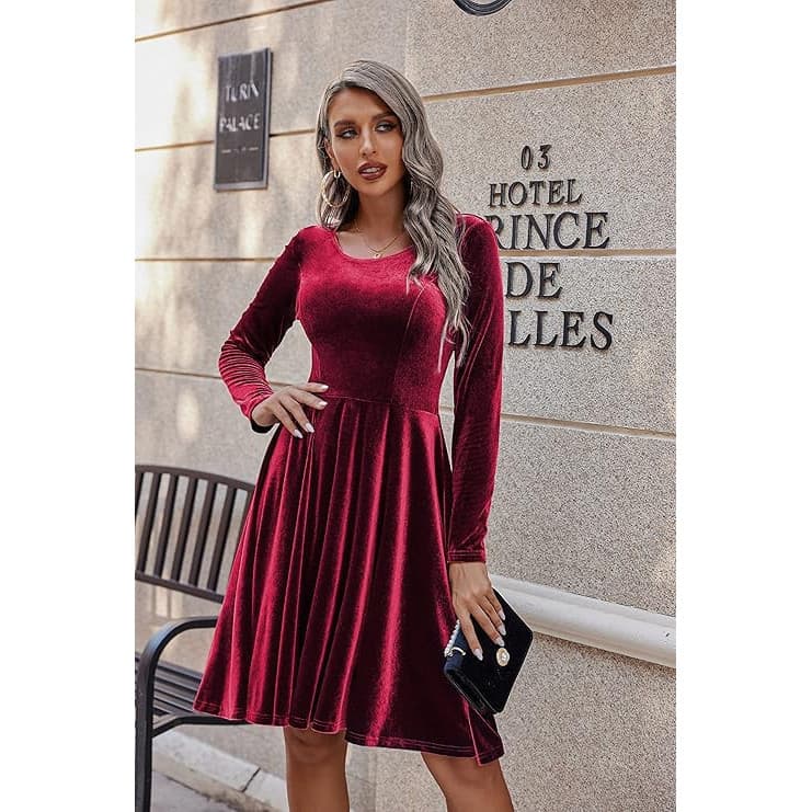 Vestido de manga comprida de veludo vermelho, adequado para festa e Natal, Design justo.