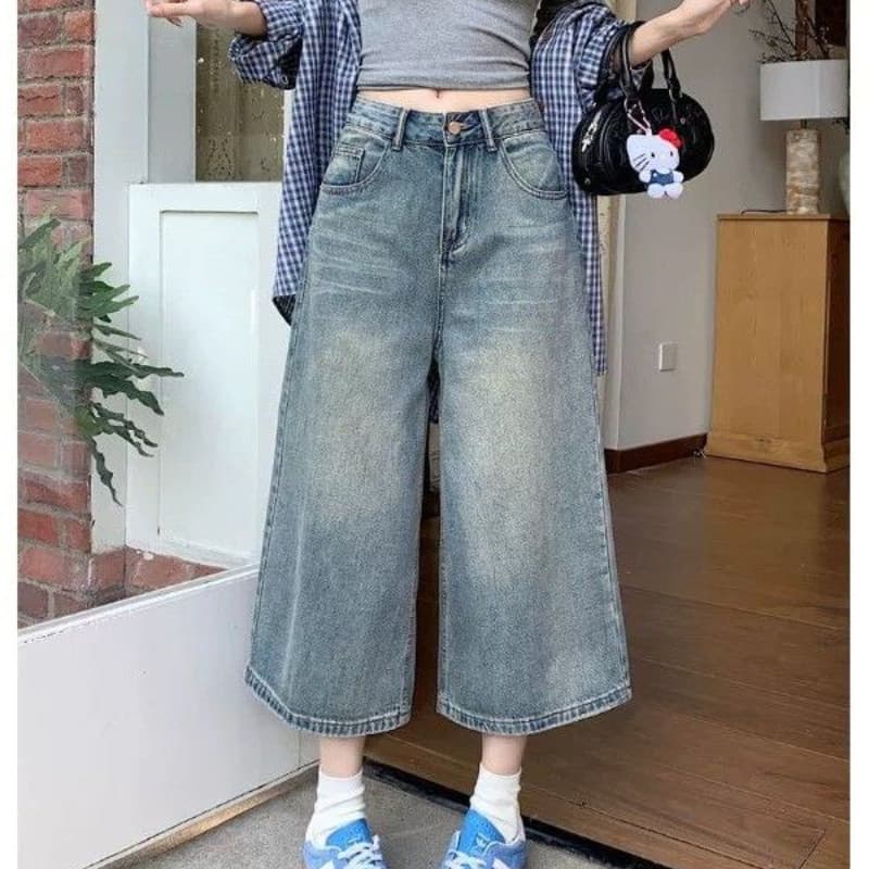 Calças de brim femininas calças Jeans leves calças cortadas femininas pequenas soltas Shorts de perna larga