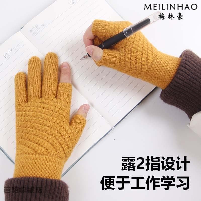 Luvas de dois dedos senhoras outono inverno meio dedo à prova de frio quente ciclismo malha ciclismo condução tela sensí