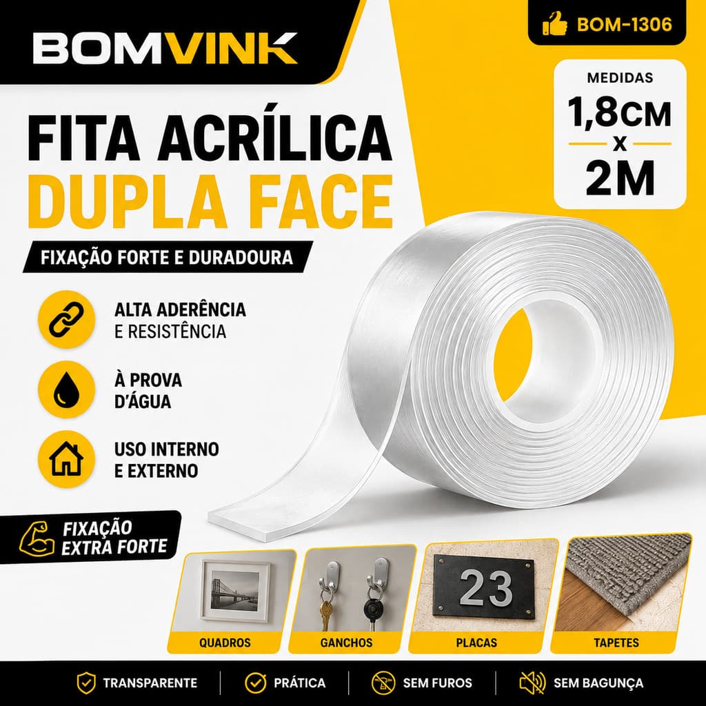 Fita Dupla Face Fixa Forte Profissional 18mm X 200cm Industrial Fita Adesiva Dupla Face Bomvink 1301 - 1,8cm x 2m