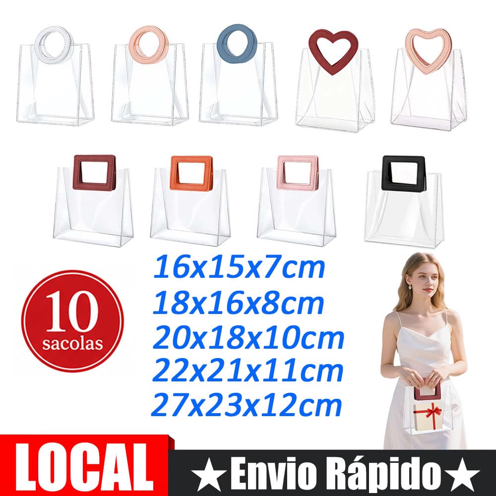 Sacola transparente do pvc de 10 pces, saco plástico do presente com punho de couro