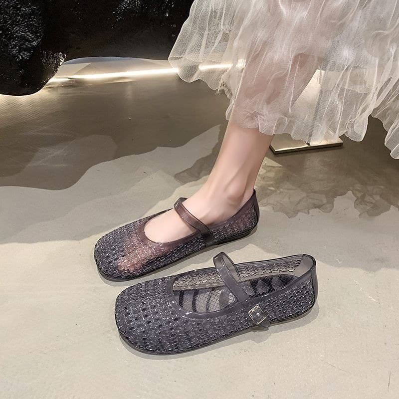 Respirável oco tecido Mary Jane sapatos sola plana 2026 All-Match malha Flip-Flops sandálias de cristal feminino#现货透气镂空编