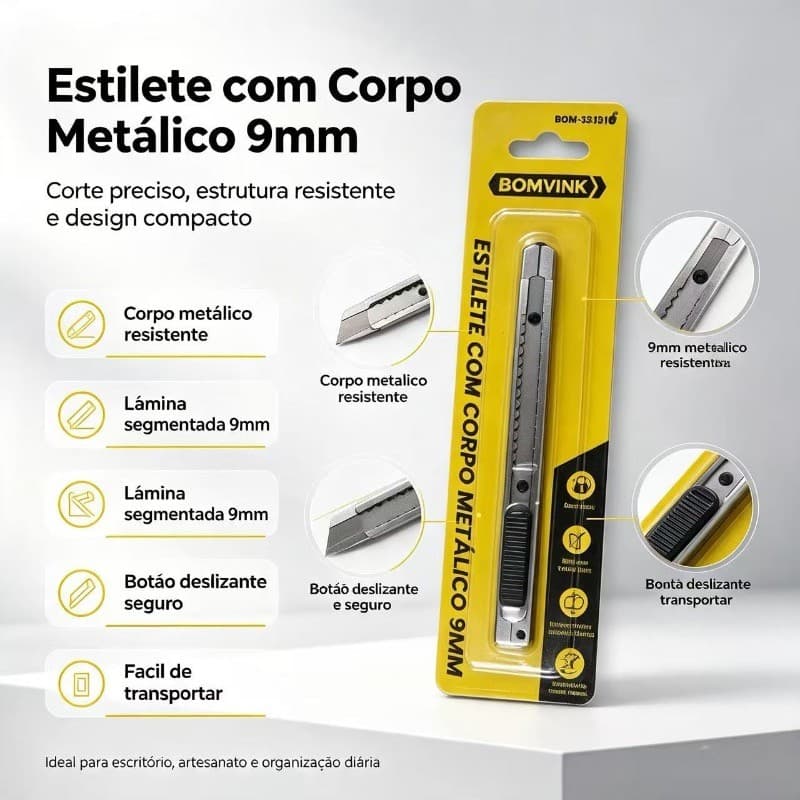 Estilete Profissional de Lâmina Extra-Fina 9mm em Aço Inoxidável