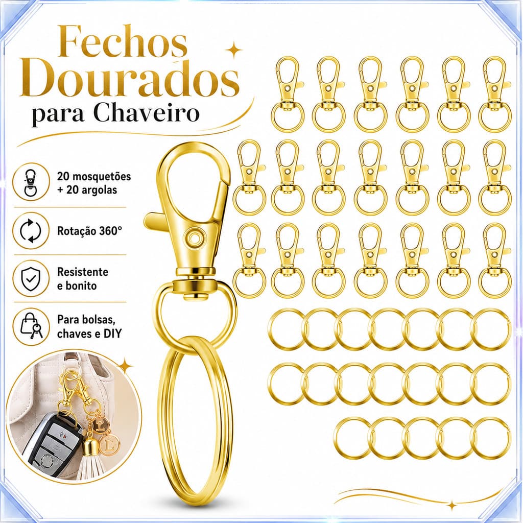20 Ganchos Boca Peixe Dourado 36mm + 20 Argolas Chave Ouro Giratórios 360°