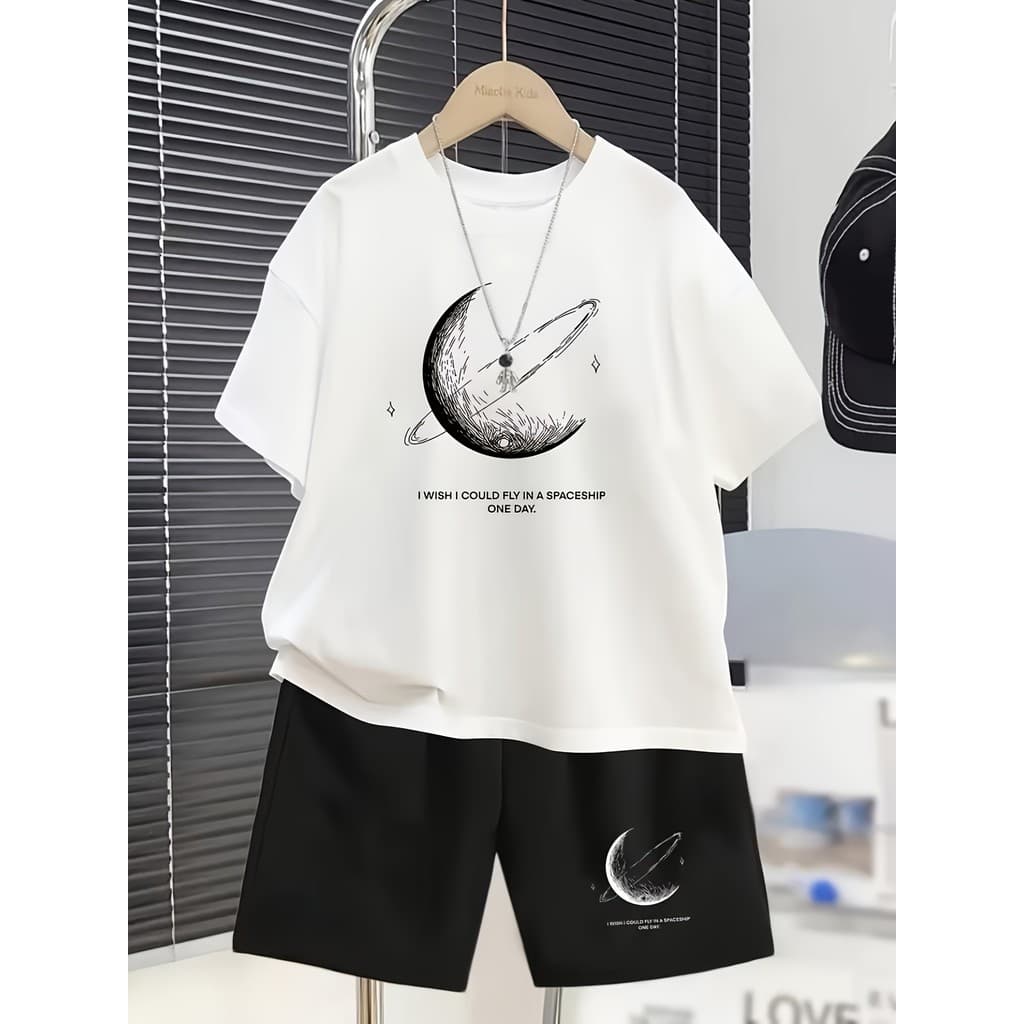 Kit Conjunto Masculino Bermuda e Camiseta Manga Curta Estampado Planeta Lua Fitness Academia Casual Short Camisa