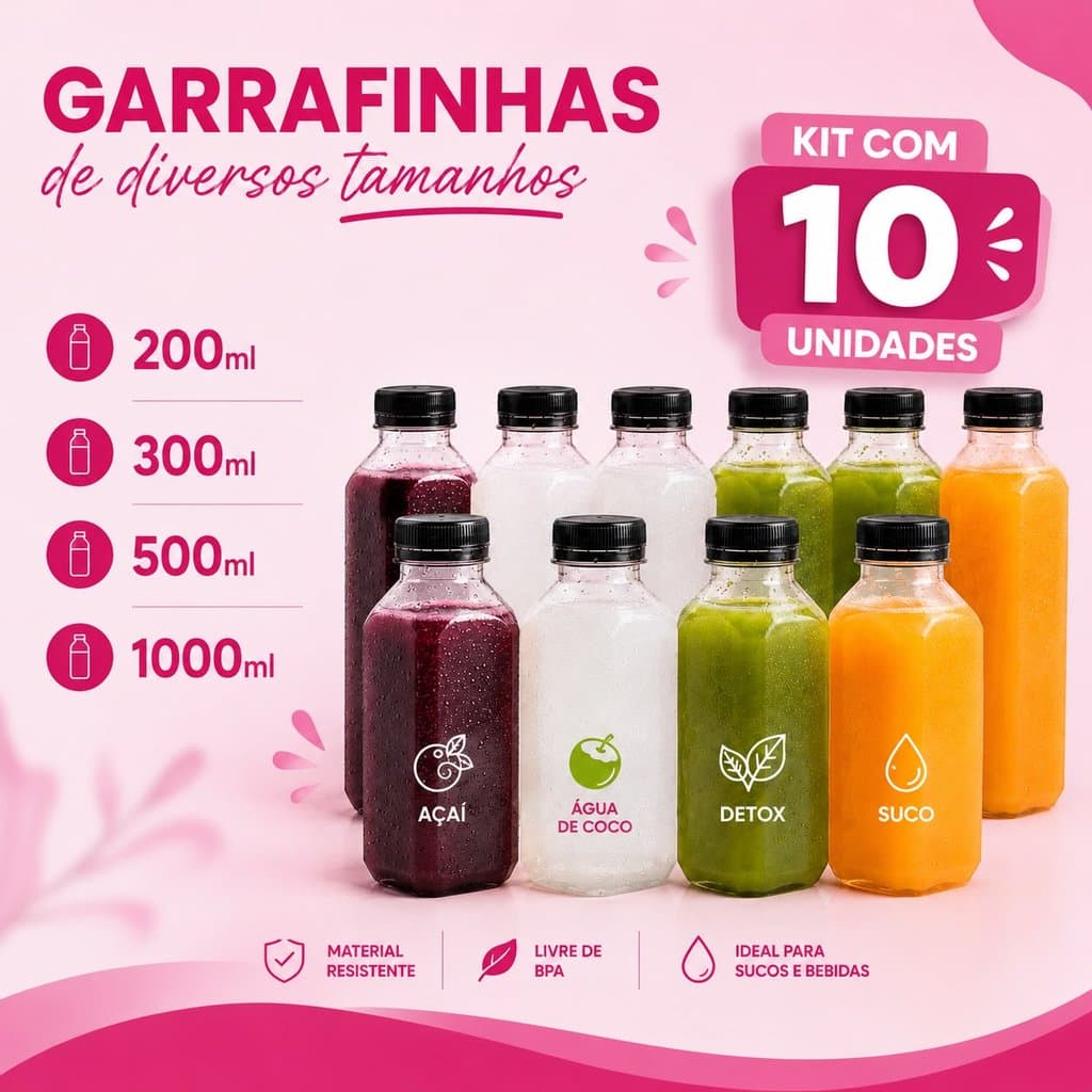 Kit 10 Garrafas PET Quadrada Com Lacre Sucos Agua de Coco Açaí Detox 200ml 300ml 500ml 1L
