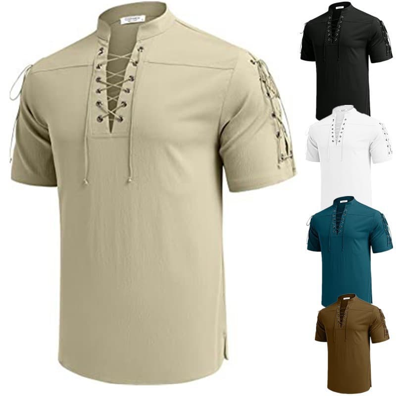 Camisa de praia masculina de manga curta com cadarço Hippie camiseta com decote em V camisa pirata