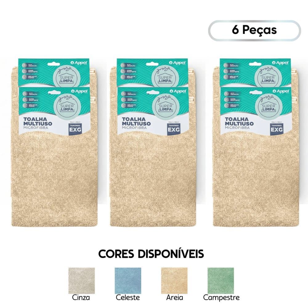 Kit 6 Panos de Microfibra Multiuso 60x90 Alta Absorção Super Limpa - Appel Home