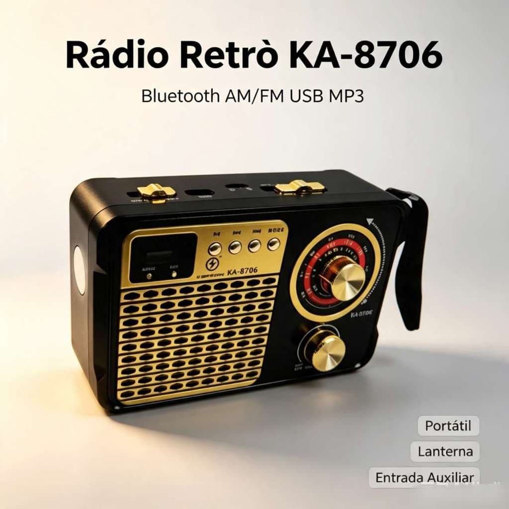 Rádio Retrô KA-8706 Bluetooth Portátil, AM/FM, MP3, USB, Entrada Auxiliar, Lanterna e Relógio Digital