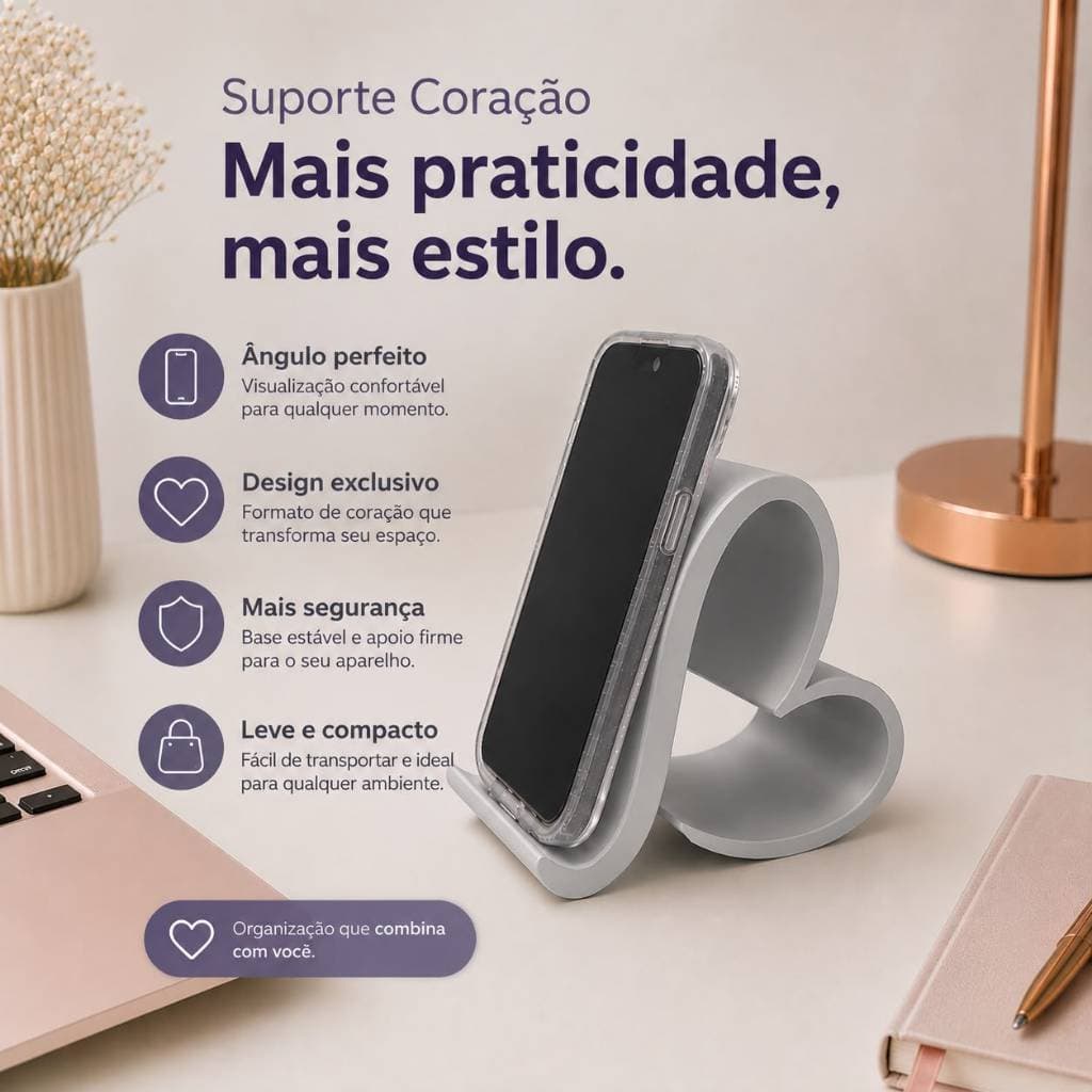 Suporte Celular Coração para Mesa Decorativo Organizador Escritório Home Office Quarto