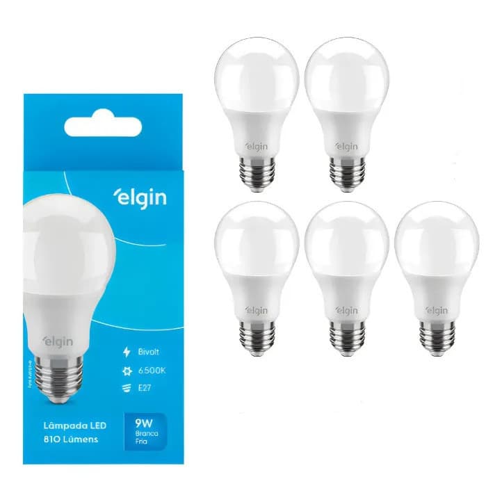Kit 5 Lâmpada Bulbo A60 9w 6500k Elgin Bivolt Branca Fria