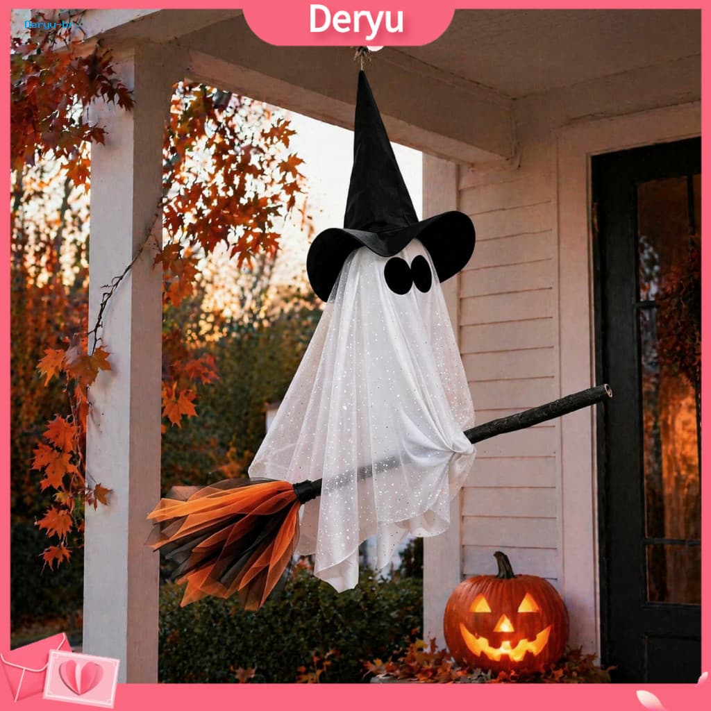 Dynamic Wind Swaying Ghost Pendant Halloween Witch Broom Hanging Decor Ornament – Spooky Hat for Indoor for
